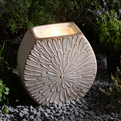 Ivory Ceramic Orbital Bubble Fountain, Decorative Water Fountain with LED Lights and Quiet Pump, Indoor Outdoor Water Feature for Patio, Garden, Deck, Balcony, Office and Home Décor, Relaxing Cascading Water Design