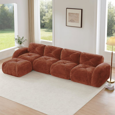 Tissu en velours doux en forme de L, conception capitonnée, fond en éponge haute densité 32D, fond ergonomique, conception antidérapante, combinaison libre, aucun assemblage requis, repose-pieds mobile pour les salons, brun rouge