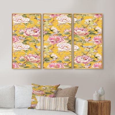 Roses roses chinoises sur fond jaune - ensemble de 3 toiles encadrées
