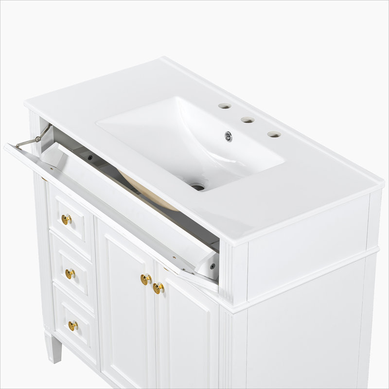 Meuble-lavabo de salle de bain avec lavabo, armoire en bois avec tiroir et 2 portes à fermeture en douceur, Blanc