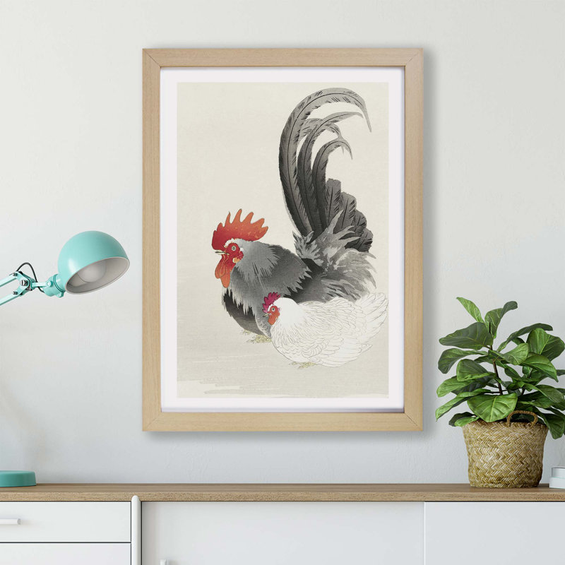 Rooster & Hen by Ohara Koson - Framed Print, 45cm H x 63cm W x 2cm D, Oak
