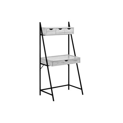 Bureau d'ordinateur gris stratifié pour bureau à domicile, structure en métal noir, surface de travail spacieuse, tiroirs de rangement, bureau de conception moderne avec construction, tiroirs