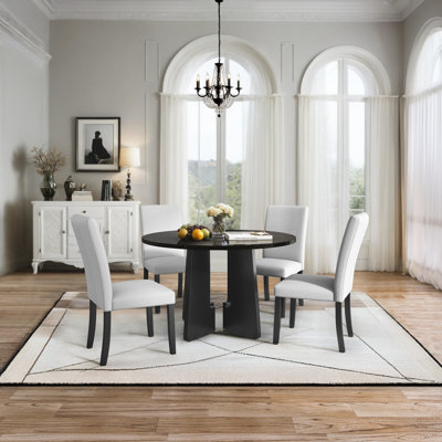  Ensemble 5 pièces de table de salle à manger ronde, 43 pouces de table ronde moderne avec 4 chaises rembourrées pour la salle à manger, beige et noir