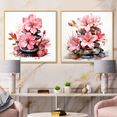 «Pink Zen Blossoms Spiritual Stones I», ensemble de 2 impressions florales sur toile