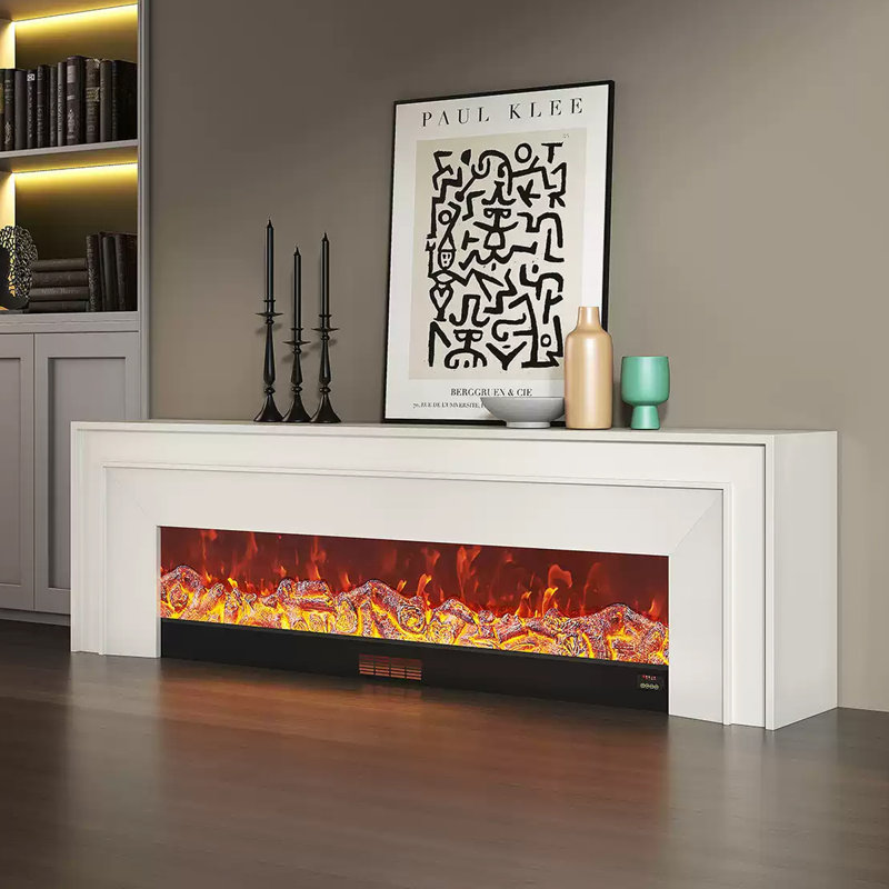 White Solid + Manufactured Wood Heating Freestanding TV Cabinet Fireplace, 23.62" H x 70.87" W x 12.6" D