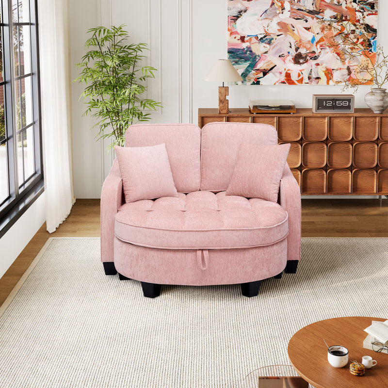 Modern Convertible  Sofa Bed With Storage Ottoman, Reclining Backrest, And Side Pocket Armrest, Pink