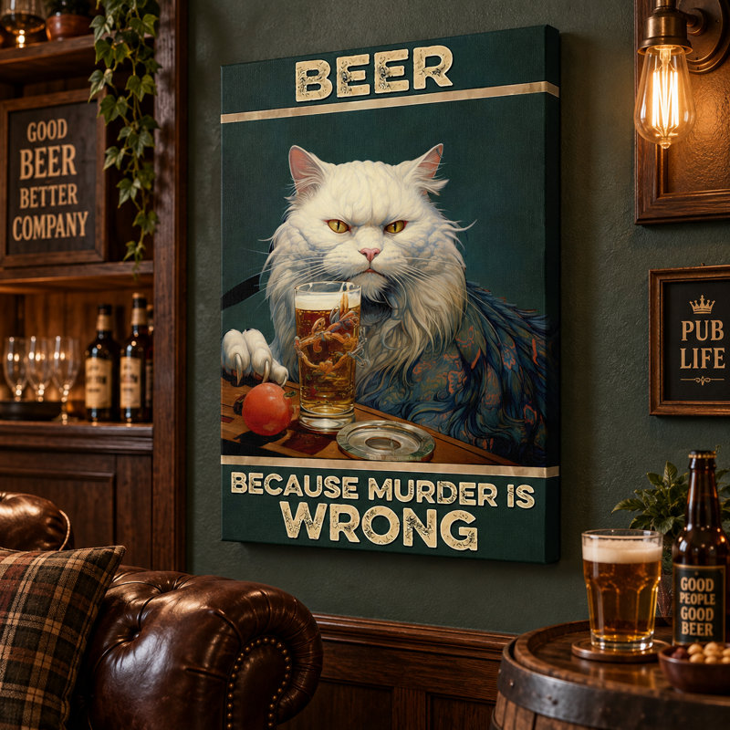 «Beer parce que Murder Is Wrong», art mural sur toile de chat persan blanc - décoration de salon, de chambre à coucher ou de bureau
