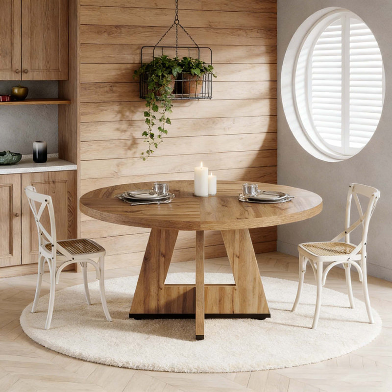 Wooden Round Dining Table Farmhouse Kitchen Dinner Table for 4, Light Brown