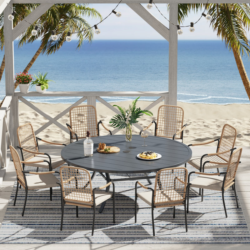 8-Person Round Patio Dining Set With Cushioned Rattan Chairs, Gray