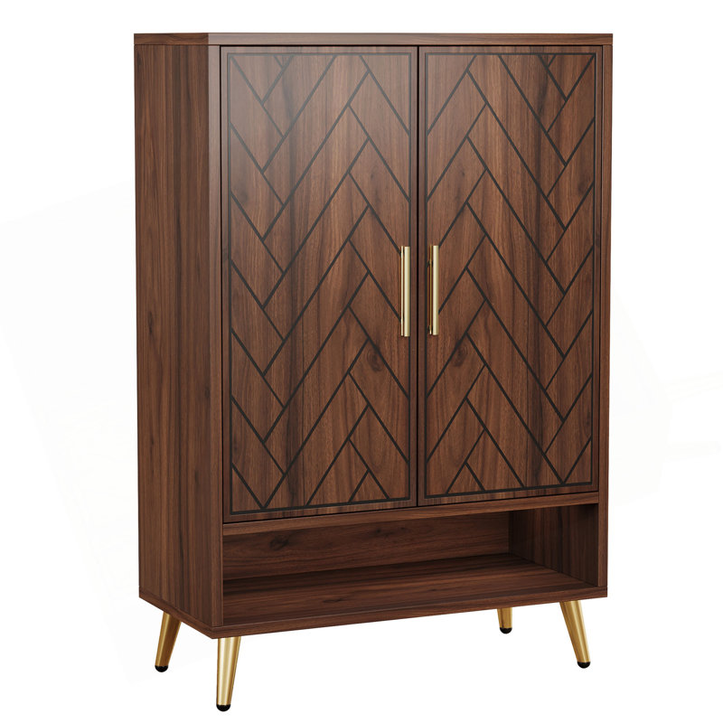 31.5 Inches Walnut & Gold Wooden Shoe Storage Cabinet With Doors