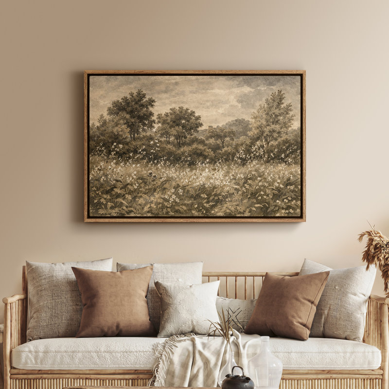 Art mural sur toile encadrée - Paysage de prairie sépia avec des plantes sauvages et des arbres éloignés - 16 po x 24 po, 24 po x 36 po