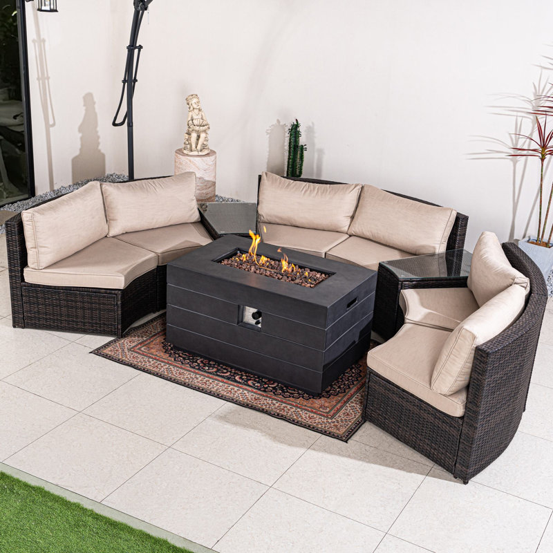 Ensemble de conversation modulaire en rotin 8 pièces avec coussins Eileen, Coussin beige / structure brune