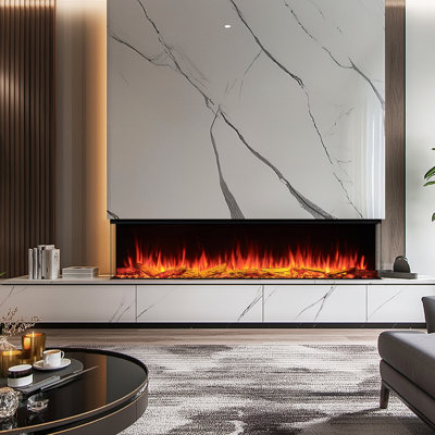 Foyer électrique encastrable de 71 po de largeur, vue de face 1-2-3, chauffage 750W / 1500W, lit de flammes et de carburant multicolore, compatible Alexa / Google