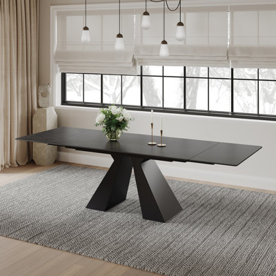 Table de salle à manger extensible de 63 à 94 po en pierre frittée noire à 10 sièges avec base en acier au carbone, grande table de salle à manger rectangulaire moderne pour la maison, la cuisine et le salon