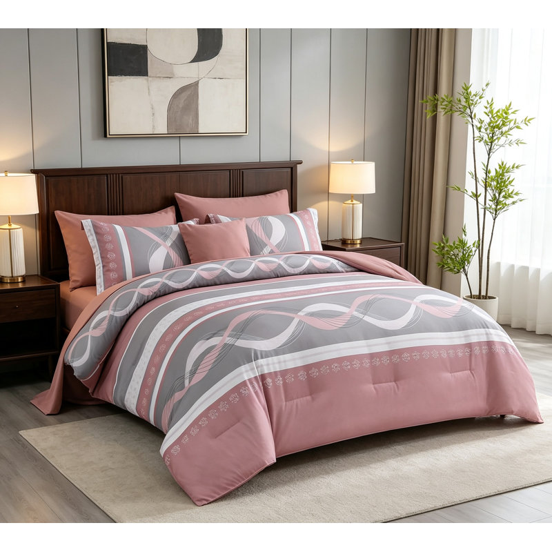 Ensemble de couette rose King 8 pièces à rayures, livré dans un sac