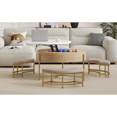 Table basse moderne à plateau relevable avec rangement et 3 repose-pieds blanc et naturel