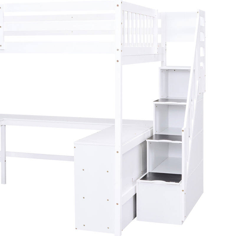 Lit mezzanine double avec bureau en L, rangement et escalier en blanc - Maximisez les tablettes de votre chambre à coucher