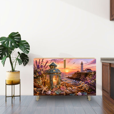 Sideboard Buffet Cabinet with Storage Rustic Coastal Still Life Lantern Seashells Lavender Lighthouse Sunset with 2 Doors for Living Room and Kitchen