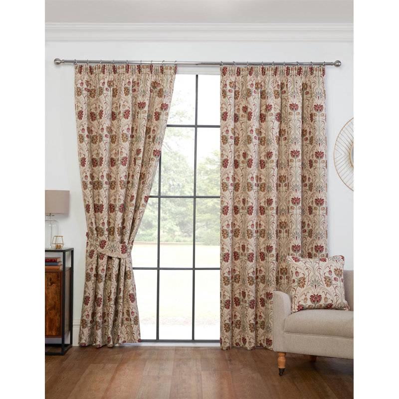 Aylesbury Fully Lined Ready Made Floral Pencil Pleat Curtains Natural, 66"W x 72"L