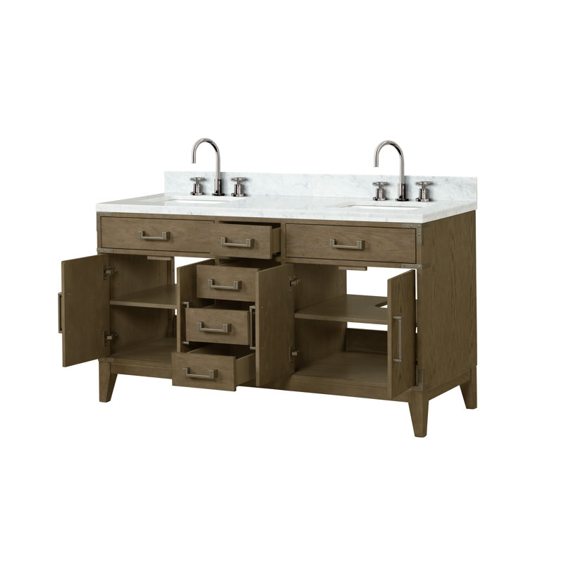 Laurel 60 in W x 22 in D Double Bath Vanity Top & Faucet Set, White Carrara Marble, Gray Oak