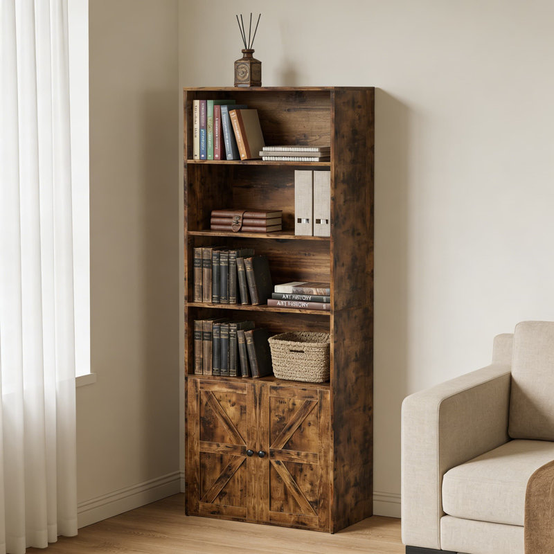 Bibliothèque de ferme industrielle avec portes, étagère de présentation sur pied à 6 niveaux et armoire de rangement pour salon, bureau personnel, brun rustique