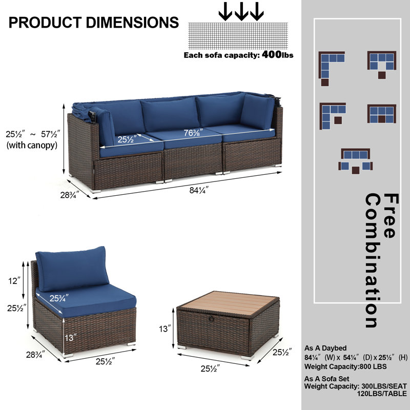 6 - Person Modular Patio Conversation Set with Cushions, Blue