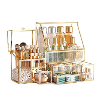 Vanity Makeup Organizer for Skincare, Perfume, Brushes and Lipsticks, Countertop Makeup Storage Box for Women, Bathroom or Dresser, (Gold)