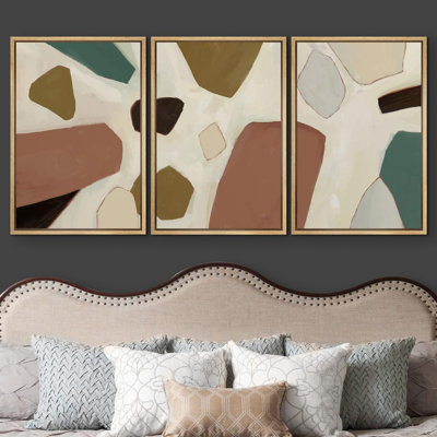 Collage géométrique grunge, formes abstraites, décor bohémien rustique moderne sur toile, 3 pièces