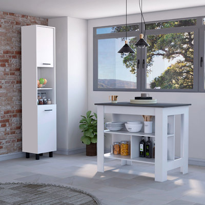 Marston 2-Piece Kitchen Set, Kitchen Island And Pantry Cabinet, White And Onyx