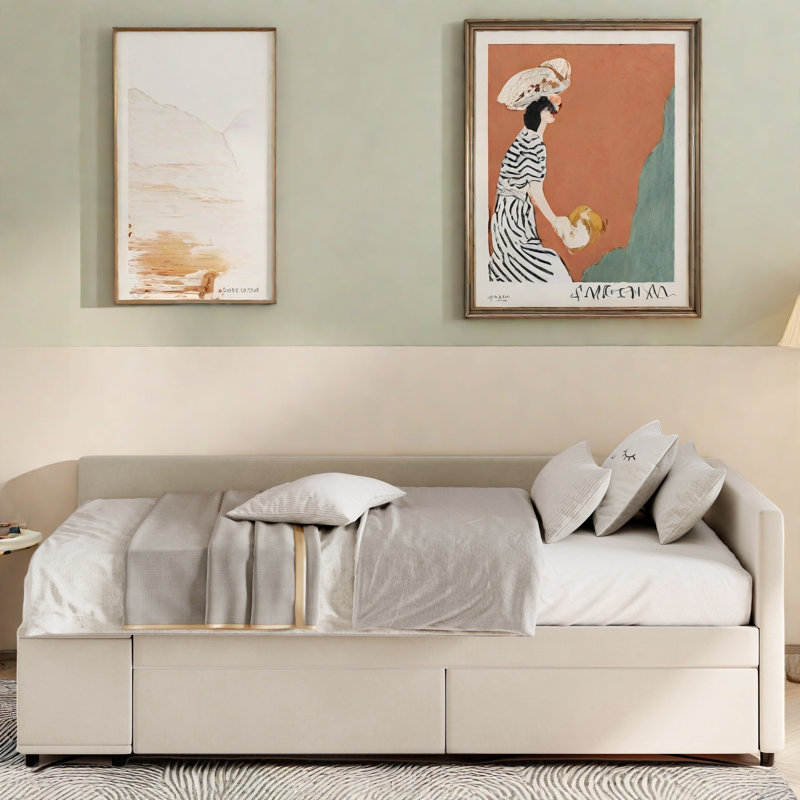 Lit de jour rembourré en L avec rangement latéral intégré et 2 tiroirs, Beige