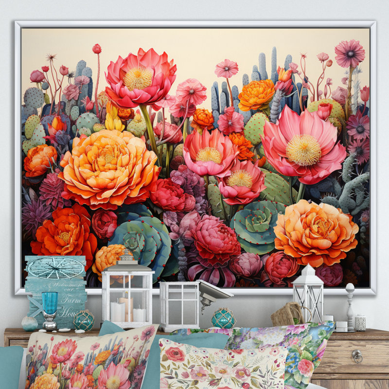 Désert cactus jardin IV - art mural désert, H 16 po x l 32 po x P 1 po, Cadre flottant blanc