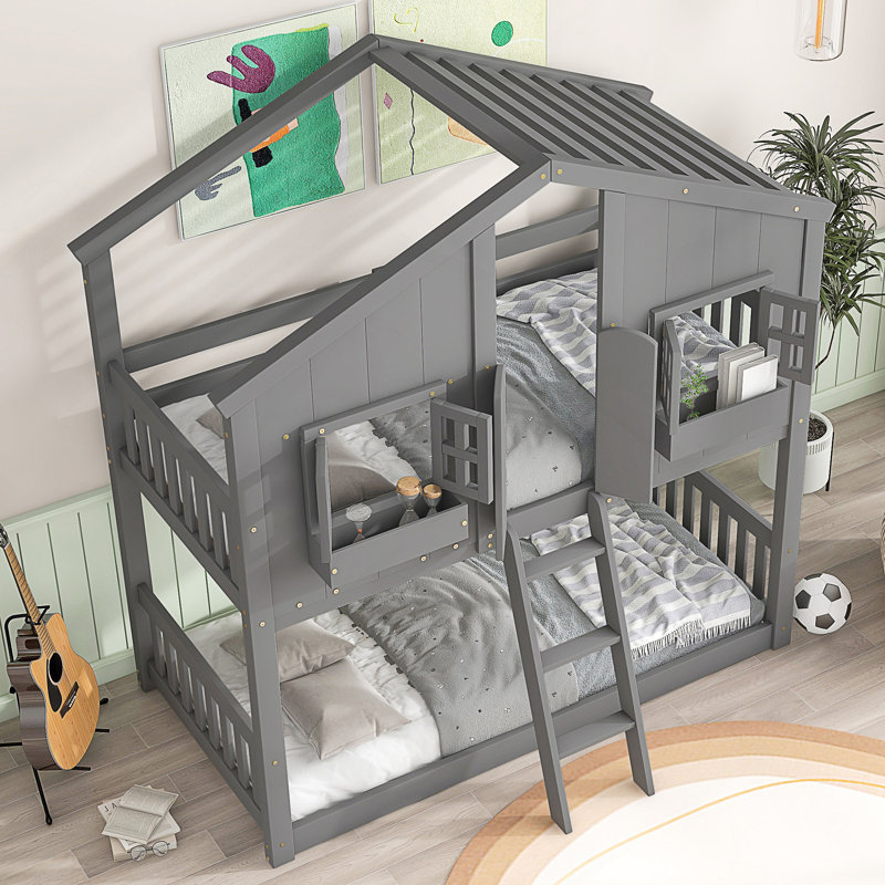 Twin Over Twin House Bunk Bed With Roof, Window, Door, And Safety Guardrails For Secure And Imaginative Kids' Sleep., Gray