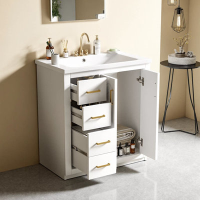 Velmira 30" Bathroom Vanity with Ceramic Sink – Solid Wood Frame, 3 Soft-Close Drawers & 2 Soft-Close Doors, Freestanding Storage Cabinet with Metal Handles for Bathroom