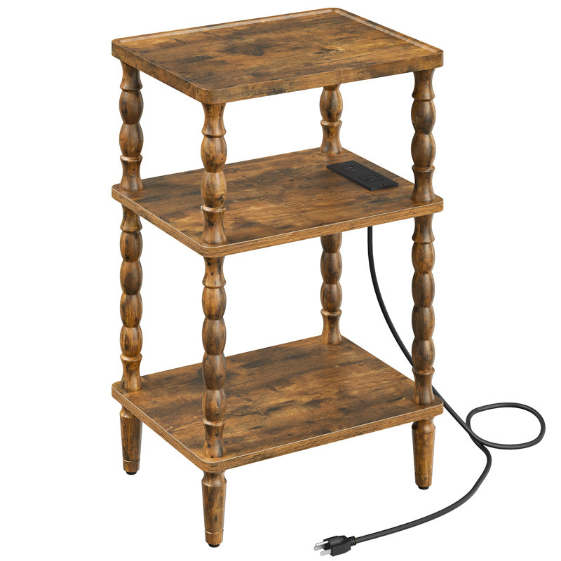 Table de bout à 3 niveaux avec station de charge et pieds en bois d'hévéa