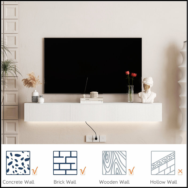 Meuble télé flottant fixé au mur avec 16 DEL de couleur, centre de divertissement moderne pour téléviseurs de 55 à 65 pouces