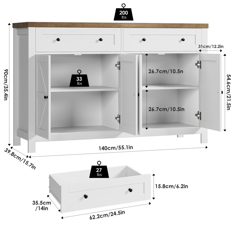 Buffet moderne 55,1 "avec crédence et armoires de rangement Zosia, Blanc / Brun