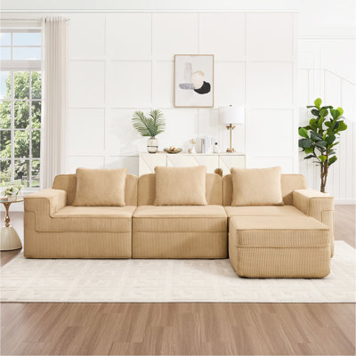 Canapé modulaire modulaire 3 places en forme de L sans os, canapé modulaire Cloud avec assise profonde, canapé modulaire moderne 3 places avec coussins décoratifs et 1 repose-pieds mobile, tissu velours côtelé