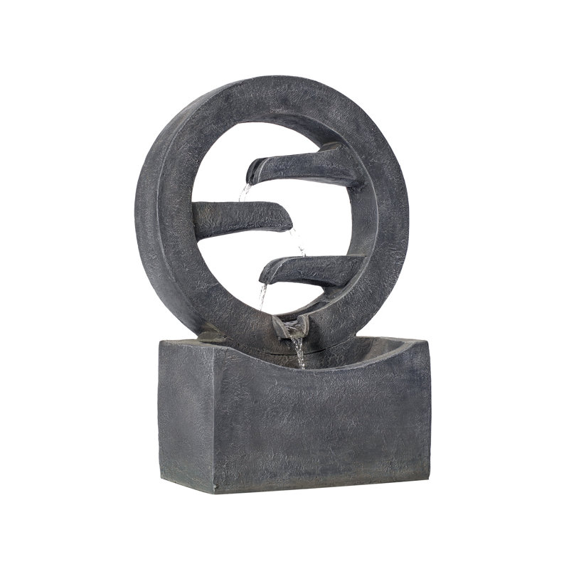 26.77"H Gray Circular Polyresin Outdoor Water Fountain With LED Light, Freestanding Modern Cascading Water Feature For Patio Garden Backyard Decor