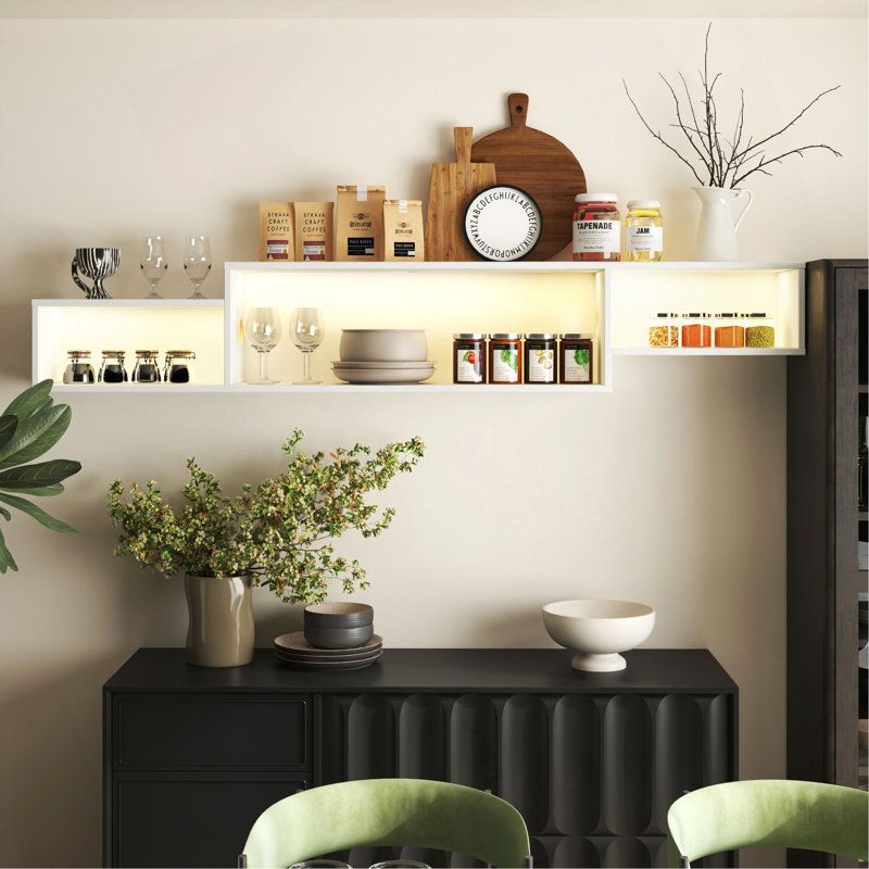 Meuble télé mural flottant avec DEL et station de charge, armoire d'appoint, Blanc
