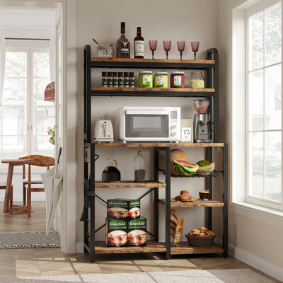 5-Tier Bakers Rack with Wire Basket, Microwave Stand with Built-in Power Outlets, Coffee Bar Station, and Open Kitchen Shelving for Spices, Dishes and Pots