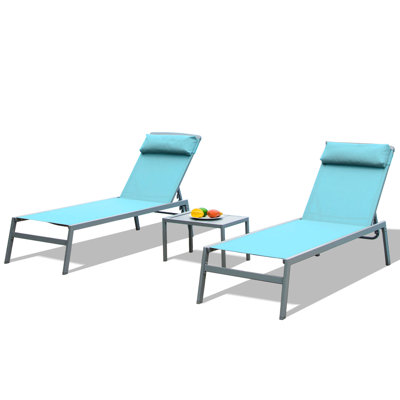 Outdoor Chaise Lounge - 2 Aluminum Adjustable Chairs With And In Lake Blue, 1 Side Table For Lawn Blue Patio 3 Pieces Sun Leisure  2 Loungers +