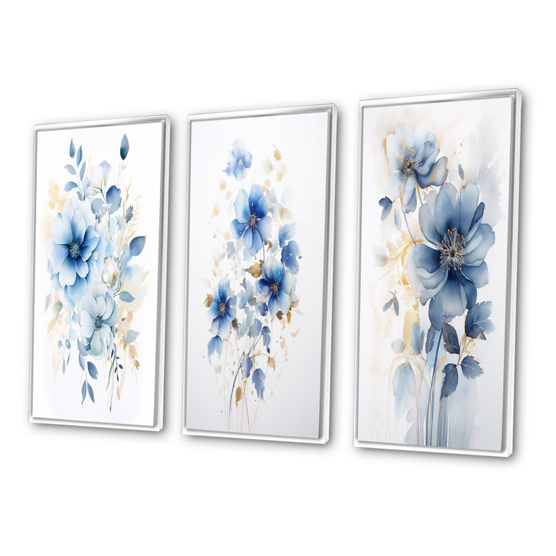 «Délicates feuilles de ginko bleu sur aquarelle blanche», 3 pièces sur toile, Cadre flottant blanc, H 20 po x l 36 po