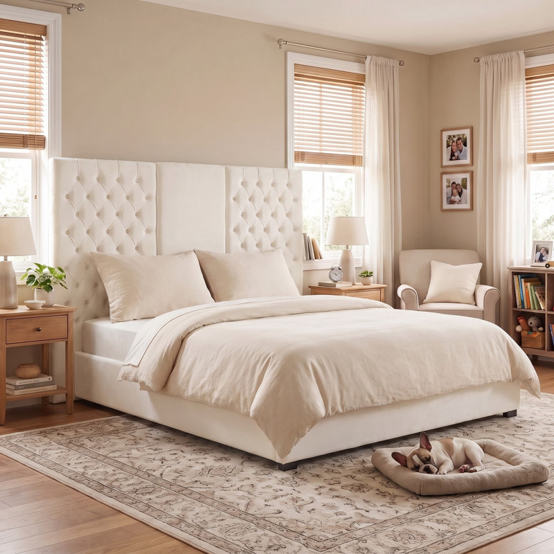 Extra-Tall Tufted Velvet Upholstered Platform Bed with Storage Drawers, King, Cream Velvet, Cream, King