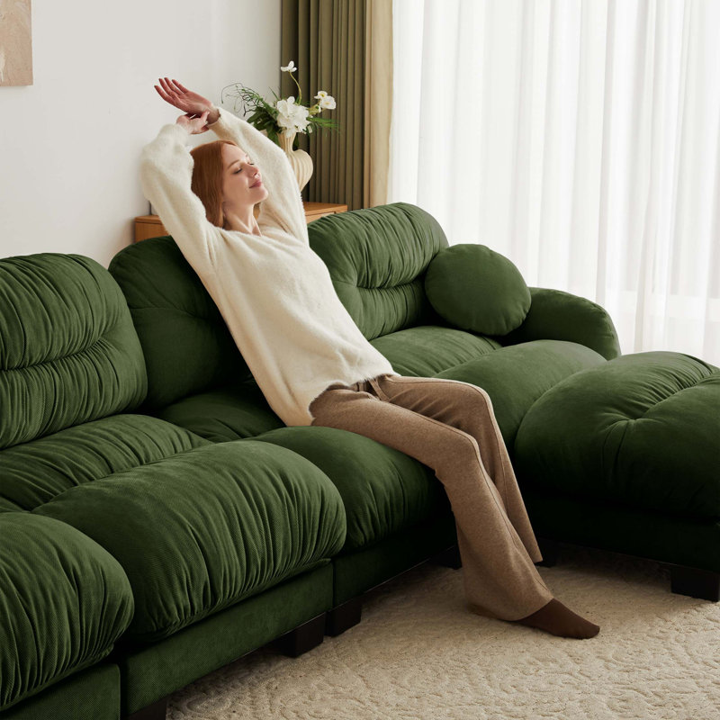 Canapé modulaire plissé en chenille avec mousse ergonomique confortable, H 36,2 po x l 116,1 po x P 61,4 po, Chenille - Vert