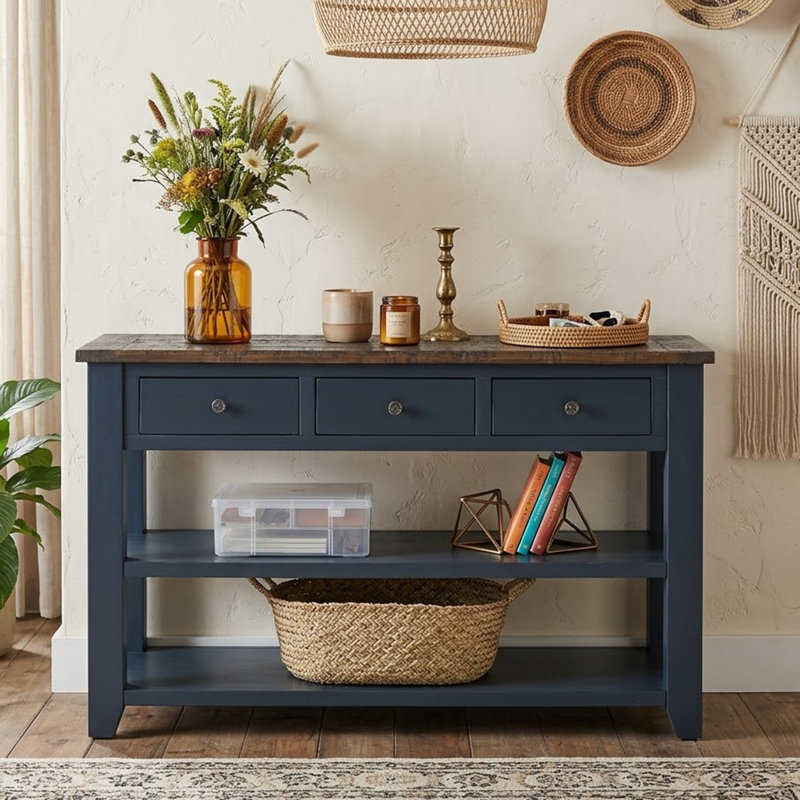 Vintage Rustic 48.83” Console Table with Drawers and Shelves for Entryway and Living Room, Blue