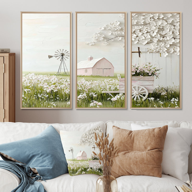 Farm Landscape In Pink And Green Tones III - Farmhouse Wall Decor Set, 40" H x 60" W x 1" D, Natural Floater Framed Canvas