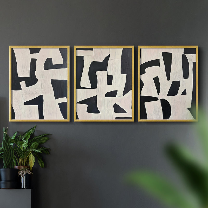 Abstract  Series  CXCV  -Set Of 3 Framed Giclee Prints -Ready to Hang, Gold, 28" H x 66" W