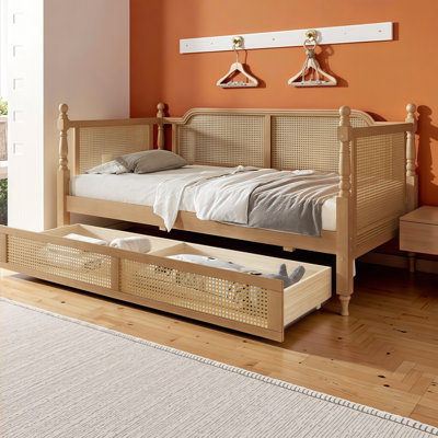 Space-Saving Rattan Twin/Full Daybed with Storage Drawers - No Box Spring Required, Guest Room Ready, European-Inspired Design