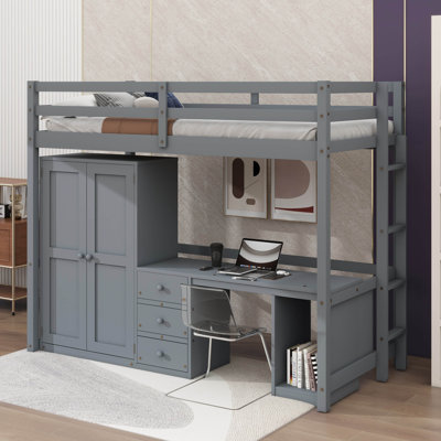 Lit mezzanine avec garde-robe, bureau et tiroirs de rangement