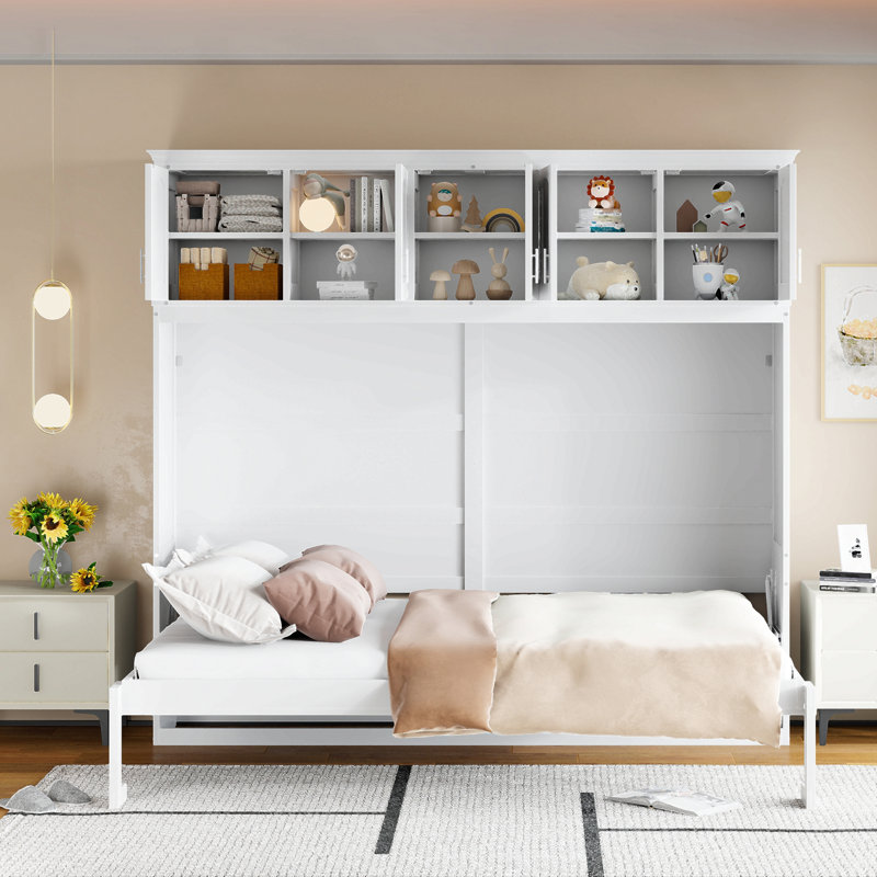 Lit escamotable mural avec armoires supérieures Murphy, Blanc, Grand lit